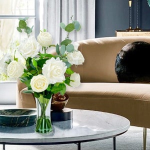 White Real Touch Rose Floral Arrangement, Artificial Flower Centerpiece, Wedding Decor, Faux  Flower Decor In Glass Vase