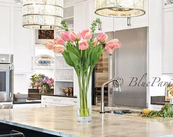 Pink Real Touch Tulips in Handmade Glass Vase: French Country Floral Arrangement