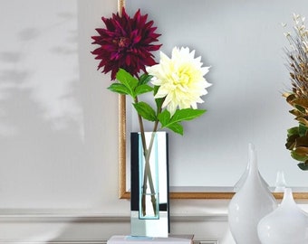 Modern Dahlia Arrangement, Real Touch Dahlias in Contemporary Mirror Vase, Floral Decor Centerpiece, Artificial Flowers Faux Floral Decor