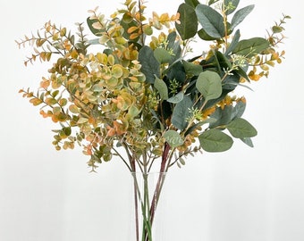 Tall Faux Eucalyptus Arrangement in Glass Vase: Floral Table Centerpiece