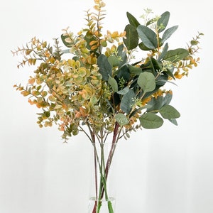 Tall Faux Eucalyptus Arrangement in Glass Vase: Floral Table Centerpiece