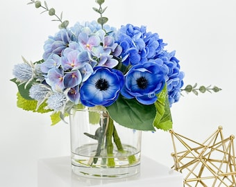 Blue French Country Silk Floral Arrangement: Anemone, Hydrangea Centerpiece