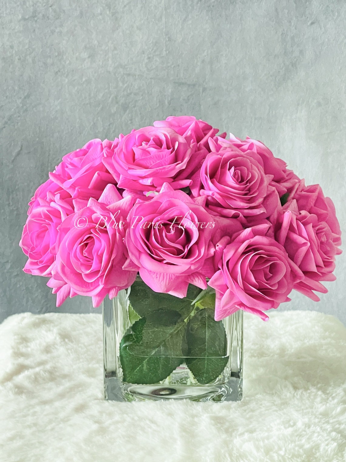 16 Real Touch Magenta Roses Arrangement in Vase French Etsy