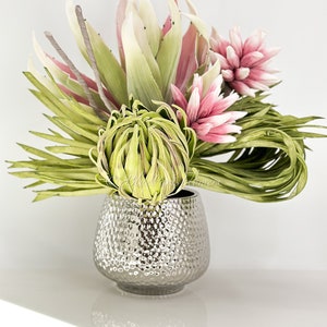 Faux Silk Floral Arrangement: Green Aloe, Silver Vase, Blue Paris Decor