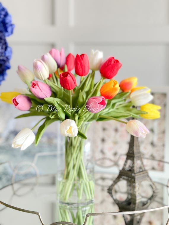 Tulipani Real Touch in vaso di vetro, decorazione per la casa