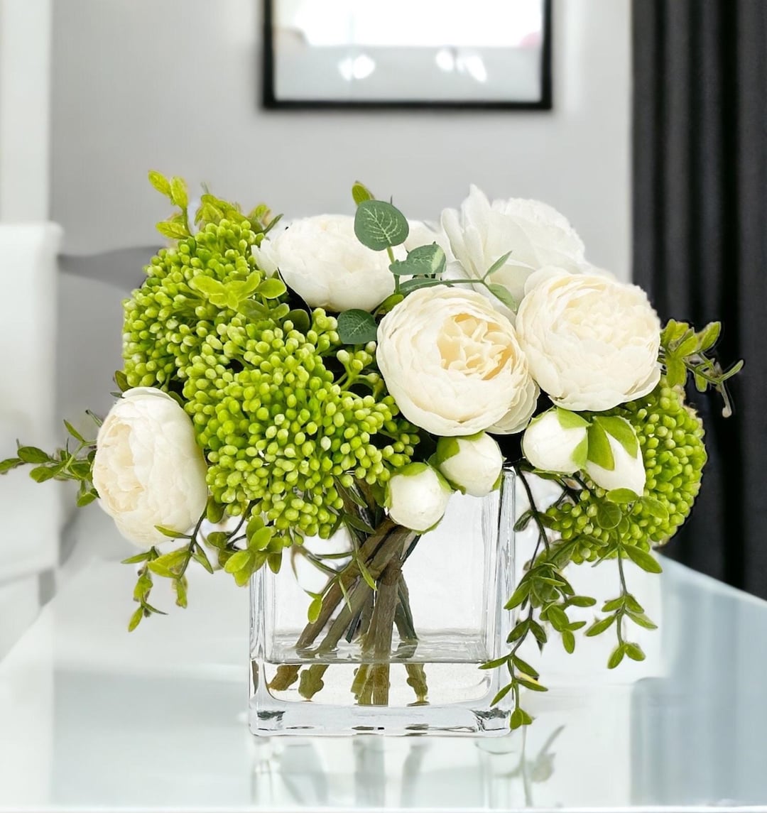 Faux Peony & Rose Arrangement: French Floral Centerpiece in Glass Vase