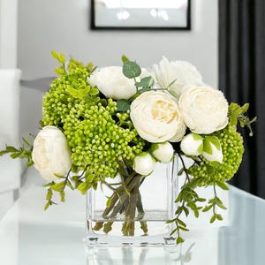 Faux Peony & Rose Arrangement: French Floral Centerpiece in Glass Vase