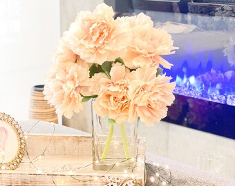 Peach Peonies Arrangement Artificial Faux Flowers in Glass Vase, Floral Centerpiece Arrangement Peony Faux Flowers Acrylic Water Centerpiece