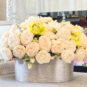 X-Large Ivory/LT Beige Rose and Peony Arrangement Artificial Faux Floral Centerpiece, High-quality Silk Flowers in Glass Vase for Home Decor