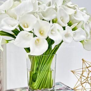 May include: A bouquet of white calla lilies in a clear glass vase. The vase is sitting on a stack of books with a gold star ornament in the background.