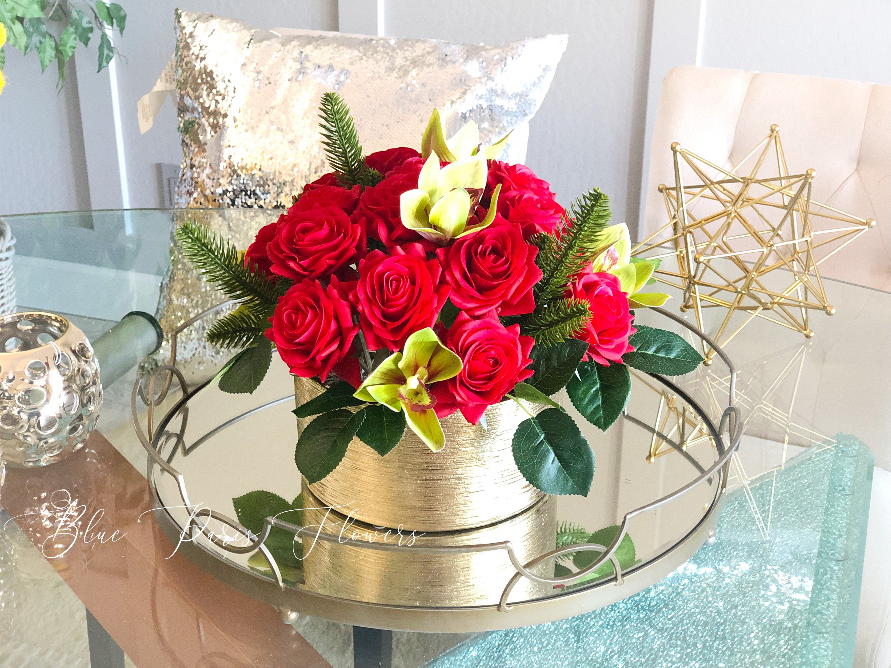 Tabletop Centerpiece Christmas Decoration, Artificial Red Rose Flowers –  MyGift
