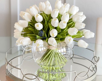 X-Large 60 White Tulips | Modern Faux Floral Arrangement | Real Touch Artificial Faux Forever Flowers in Glass Vase, Faux Flowers in Vase