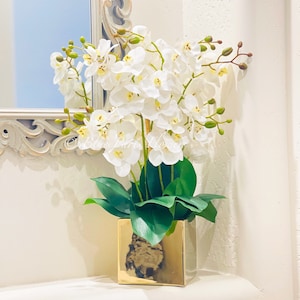 White Phalaenopsis Orchid Arrangement: Real Touch Faux Floral in Gold Vase