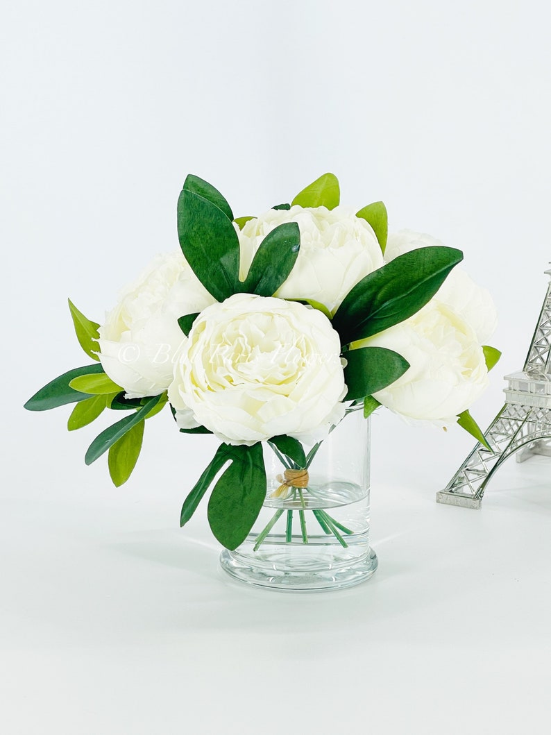 White Peony Arrangement, Artificial Faux Table Centerpiece, Wedding Faux Florals, Rose Silk Flowers Arrangement in Glass Vase by Blue Paris image 3