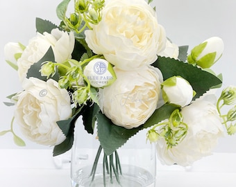 Faux Rose Peony Arrangement: Silk Flower Centerpiece in Glass Vase