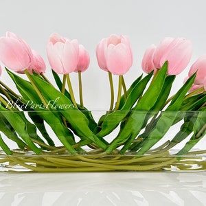 Modern Long REAL TOUCH Tulip Arrangement Artificial Faux Centerpiece Floral Flower Arrangement Silk Flowers Glass Vase French Decor Pink