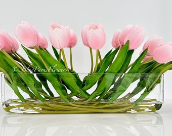 Modern Long REAL TOUCH Tulip Arrangement Artificial Faux Centerpiece Floral Flower Arrangement Silk Flowers Glass Vase French Decor Pink