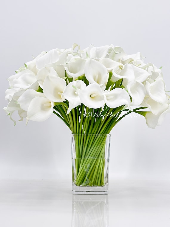 White Real Touch Calla Lilies Arrangement: Faux Floral Centerpiece in Glass Vase