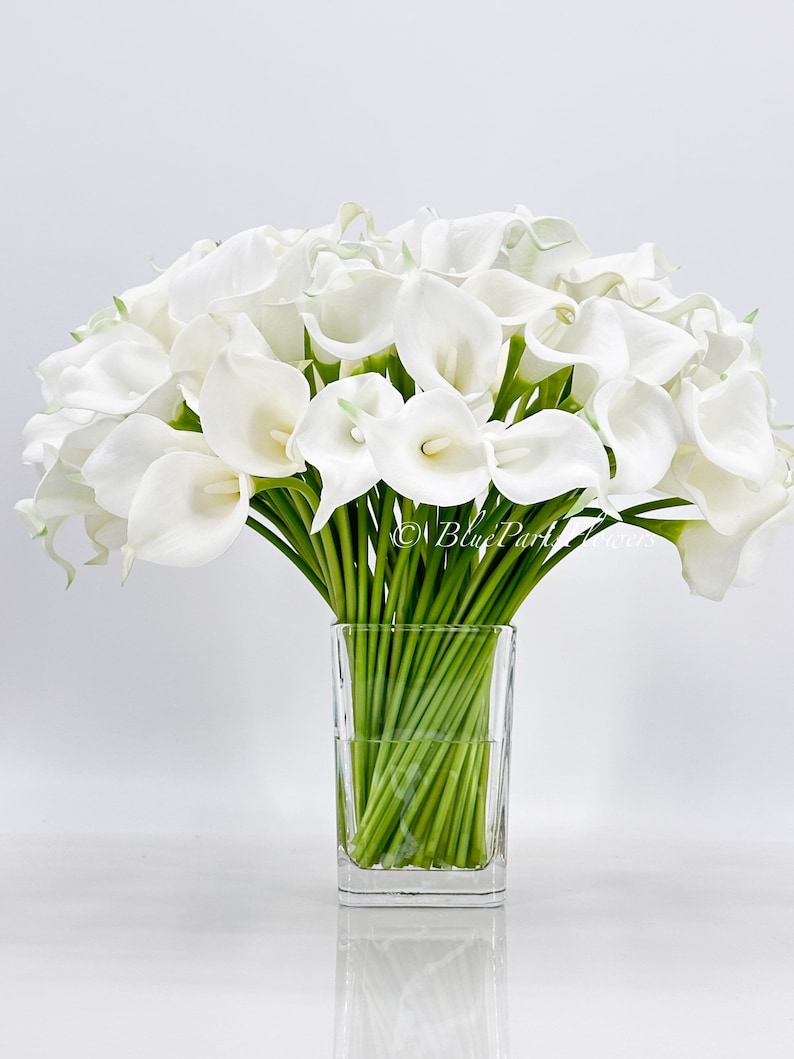 May include: A bouquet of white calla lilies arranged in a clear glass vase. The lilies are all facing the same direction and have long green stems.