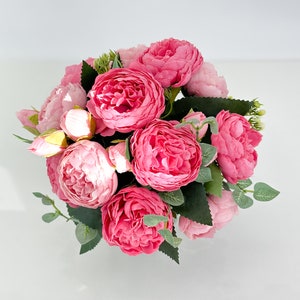 Pink Rose Peony Arrangement, Artificial Faux Table Centerpiece, Faux Florals, Silk Flowers Arrangement in Glass Vase by Blue Paris image 4