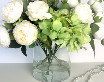 Crème Blanche Pivoine Rose Vert Hortensias Arrangement Artificiel Faux Forever Fleurs en Verre Vase pour La Décoration Intérieure par Blue Paris Flowers