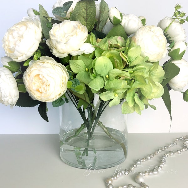 White Cream Peony Rose Green Hydrangeas Arrangement Artificial Faux Forever Flowers in Glass Vase for Home Decor by Blue Paris Flowers