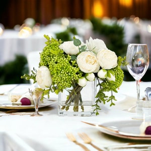 White Peonies and Green/White Real Touch Rose, Berries, Arrangement Artificial Faux Centerpiece, French Floral Flowers in Vase Home Decor image 4