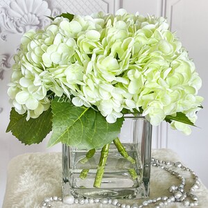 May include: A bouquet of light green hydrangeas in a clear glass vase. The vase is sitting on a white fluffy surface with a pearl necklace.