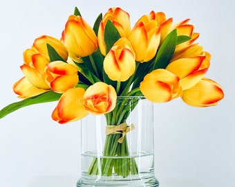 Faux Tulip Arrangement: 24 Real Touch Flowers in Glass Vase