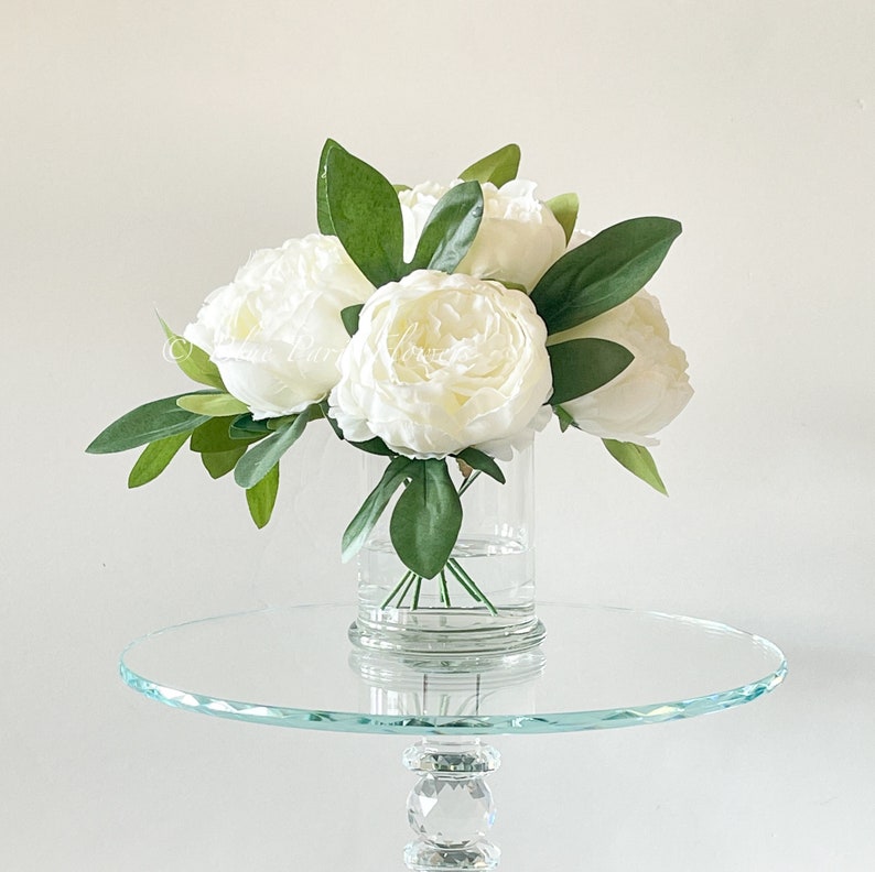 White Peony Arrangement, Artificial Faux Table Centerpiece, Wedding Faux Florals, Rose Silk Flowers Arrangement in Glass Vase by Blue Paris image 2