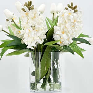 Real Touch Hyacinth & Tulip Arrangement: Faux Floral Centerpiece in Glass Vase