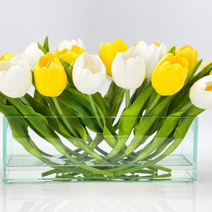 Modern Long Yellow White REAL TOUCH Tulip Arrangement Artificial Faux Centerpiece Floral Flower Arrangement Flowers Glass Vase French Decor