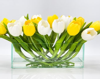 Modern Long Yellow White REAL TOUCH Tulip Arrangement Artificial Faux Centerpiece Floral Flower Arrangement Flowers Glass Vase French Decor