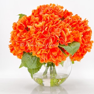 Real Touch Orange Hydrangea Arrangement: Faux Floral Centerpiece in Glass Vase
