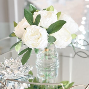 White Peony Arrangement, Artificial Faux Table Centerpiece, Wedding Faux Florals, Rose Silk Flowers Arrangement in Glass Vase by Blue Paris image 10