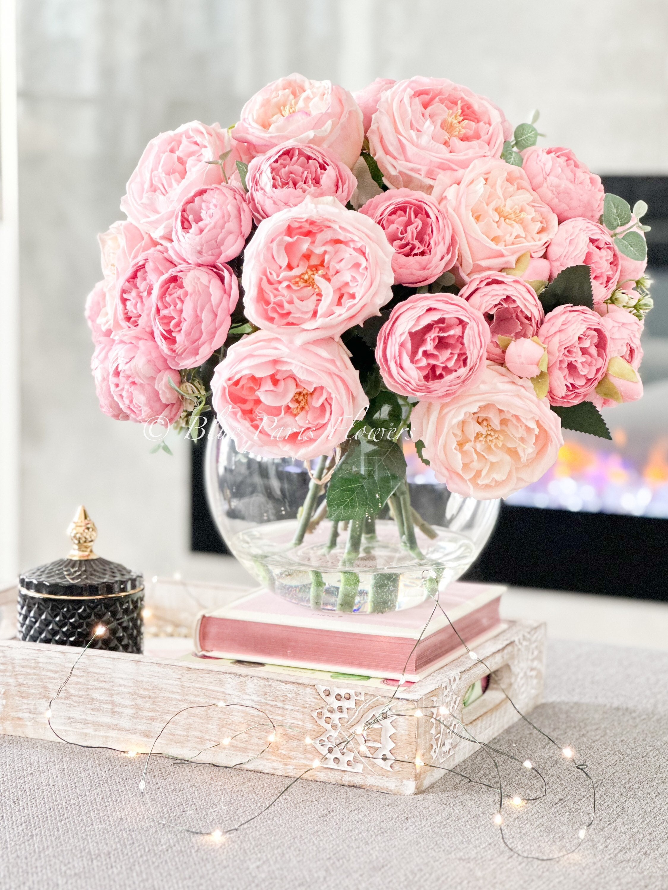 X-Large French Style Pink Peony Flower Arrangement, Artificial Faux Floral Centerpiece, Silk Real Touch Roses in Vase, Home Decor Blue Paris