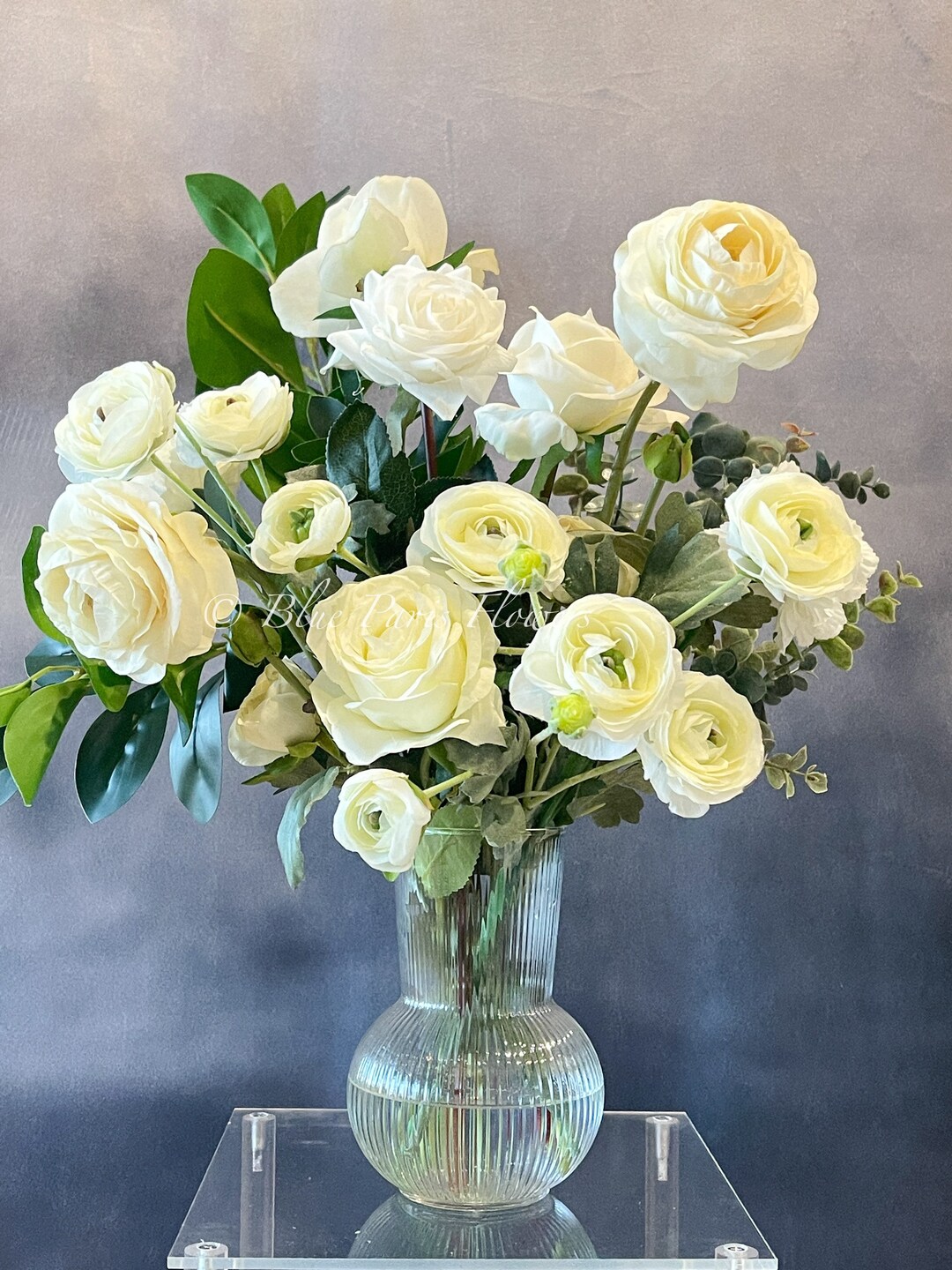White Ranuclus White Ranunculus & Rose Floral Arrangement: Faux Silk Centerpiece - Etsy