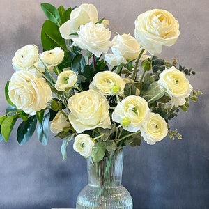 Floral Arrangement, White Ranunculus, Roses, Real Touch & Silk Artificial Flower Centerpiece, Faux Silk Arrangement Glass Vase, Flower Decor