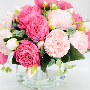 Faux Rose Peony Arrangement: Silk Floral Centerpiece in Glass Vase