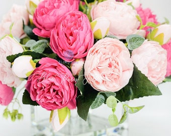 Faux Rose Peony Arrangement: Silk Floral Centerpiece in Glass Vase