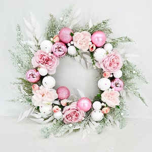 Pink Rose Christmas Wreath: Faux Silk Floral Holiday Decor