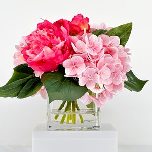 Pink/Hot Pink Peonies and Pink Real Touch Hydrangeas Arrangement Artificial Faux Centerpiece, Soft Touch Floral Flowers in Vase Home Decor