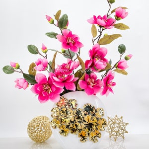Magenta Magnolias Arrangement in White and GoldVase, French Country Artificial Flowers, Faux Floral Home Decor, Realistic Floral Arrangement