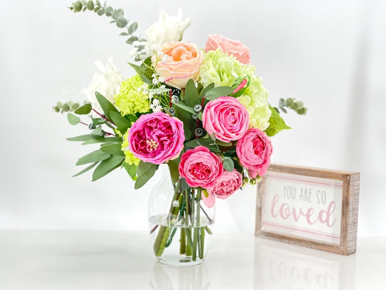 Faux Flower Arrangement, Peonies, Roses, Greens in Vase, Floral Decor Real Touch Centerpiece, Faux Artificial Flowers Silk Arrangement Pink image 4