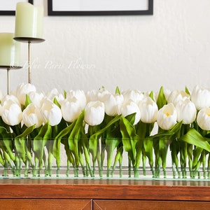 May include: A glass vase filled with white tulips. The vase is clear and rectangular. The tulips are arranged in a row and have green leaves.