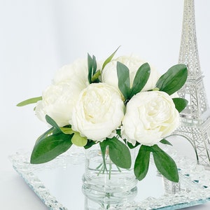 White Peony Arrangement, Artificial Faux Table Centerpiece, Wedding Faux Florals, Rose Silk Flowers Arrangement in Glass Vase by Blue Paris image 8