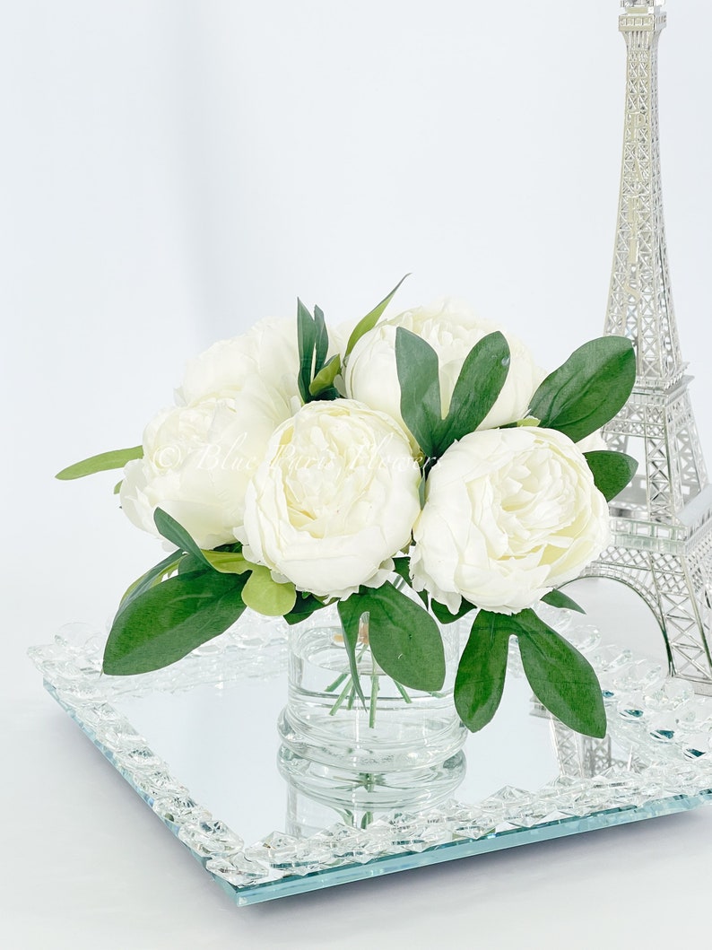 White Peony Arrangement, Artificial Faux Table Centerpiece, Wedding Faux Florals, Rose Silk Flowers Arrangement in Glass Vase by Blue Paris image 8