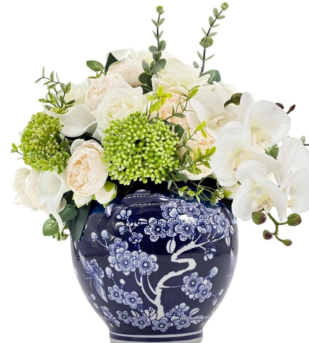 White Peonies & Orchids Faux Floral Centerpiece: Blue