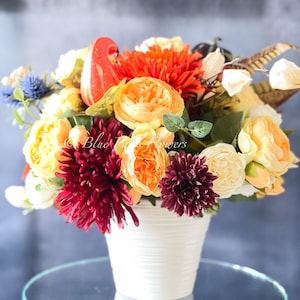 Fall Floral Centerpiece: Silk Peonies, Roses, Pumpkins in Vase