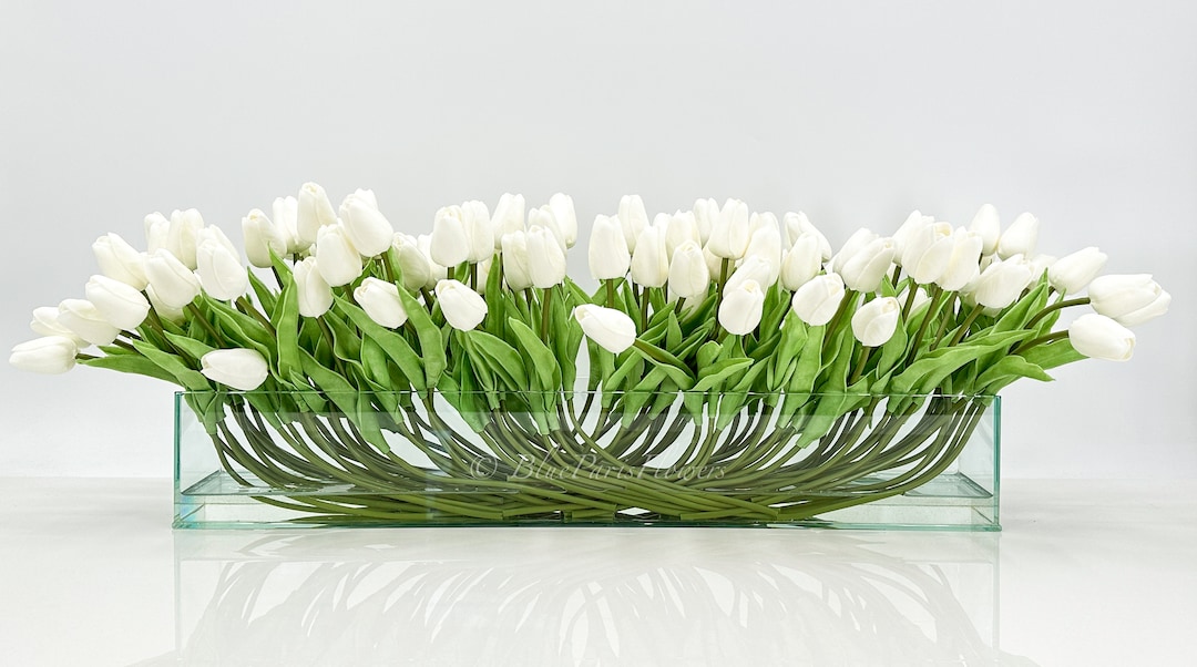 Faux White Tulips Arrangement: Modern Floral Centerpiece in Glass Vase ...